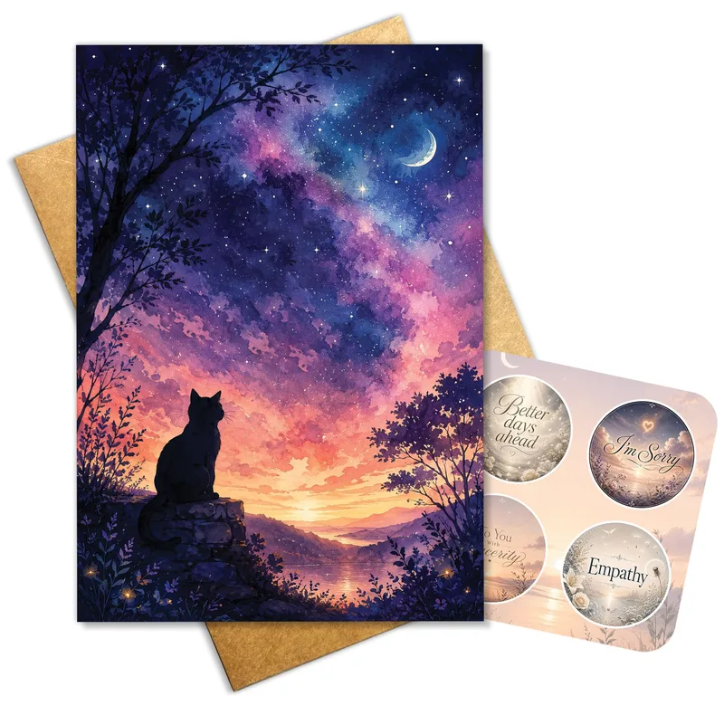 Starry Night Cat Card – Cat silhouette under a starry night sky, no printed words – Greeting Card in black