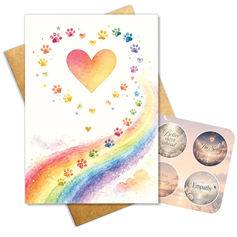 Rainbow Paw Print Heart Card for a Pet Loss