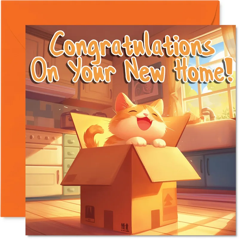 Cat in Box Card: Congratulations on Your New Home