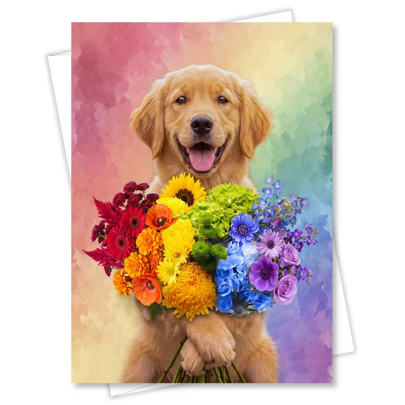 Rainbow Flower Bouquet Card with a Golden Retriever