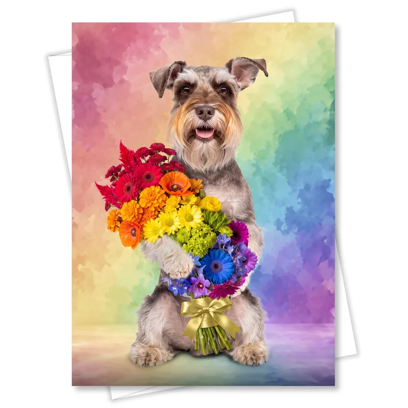 Schnauzer Lover Card with a Rainbow Bouquet Pup