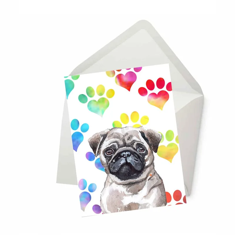 Pug Lover Card with Watercolor Rainbow Paws