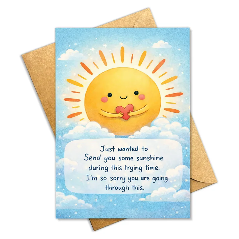 Just Wanted to Send Card – Smiling sun hugging a red heart with sympathy message – Greeting Card in black