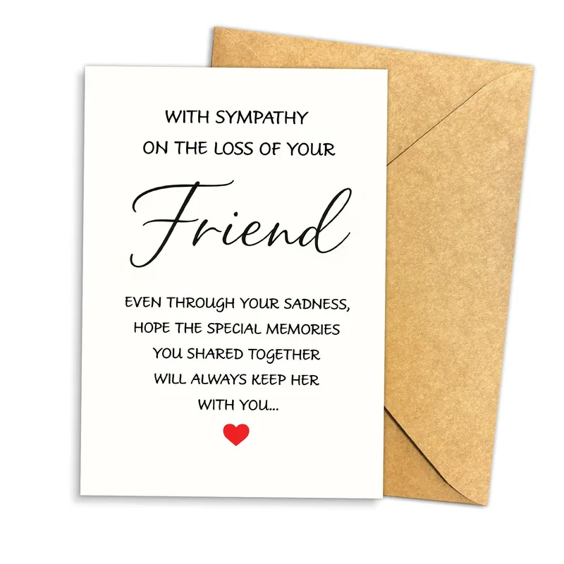 Loss of a Friend Card – Cream sympathy card with script “Friend” and red heart – Greeting Card in black