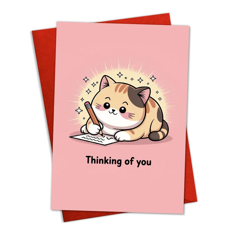Cat Thinking of You Card: A Chubby Cat Writes a Note