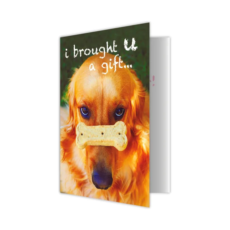 Dog Treat Card – Golden retriever with bone biscuit and “i brought U a gift...” – Greeting Card in black