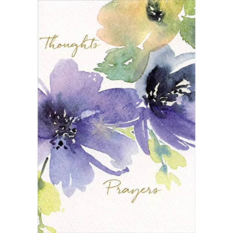 Thoughts Prayers Card with Purple Watercolor Flowers