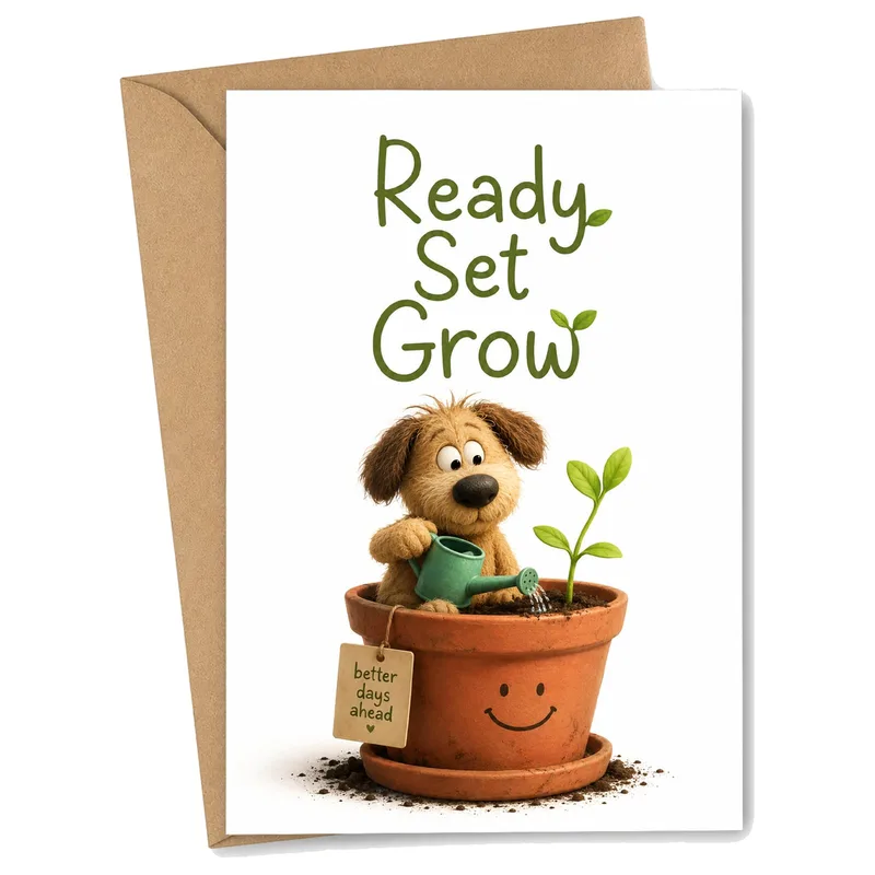 Ready Set Grow Card – Cartoon dog watering a seedling in a clay pot, Ready Set Grow – Greeting Card in black