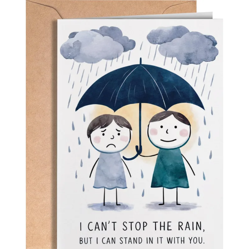 Blue Watercolor Umbrella Couple Card – Two figures under a blue umbrella in rain, printed text below – Greeting Card in black