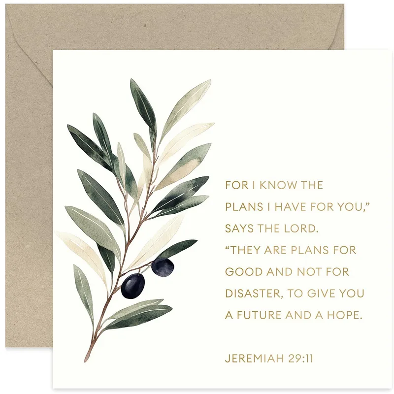 Olive Branch Faith Card – Watercolor olive branch with gold Jeremiah 29:11 verse – Greeting Card in natural