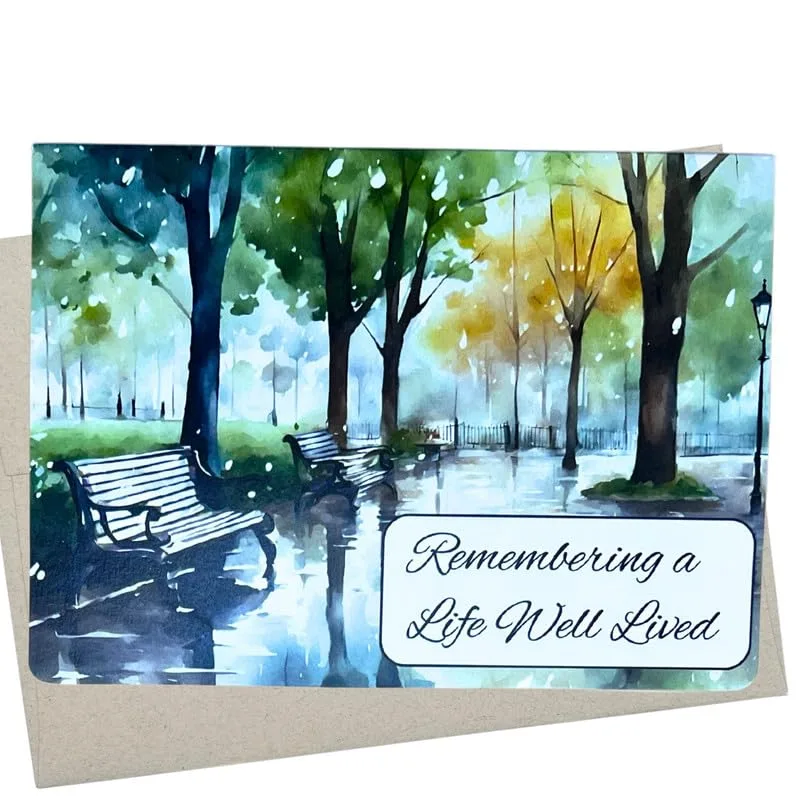 Remembering a Life Well Card: Watercolor Park Benches