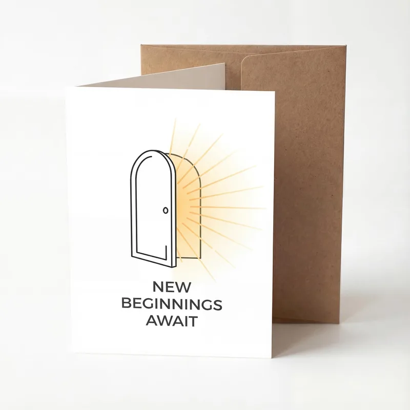 New Beginnings Await Card: a quiet open door with light
