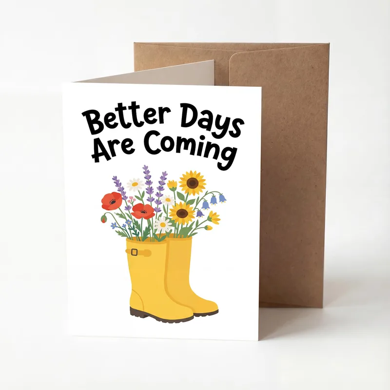 Better Days Coming Card: Yellow Boots and Wildflowers Sympathy Design