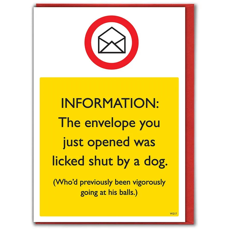 Envelope Licked by Dog Card – Yellow warning sign: envelope licked shut by a dog – Greeting Card in black
