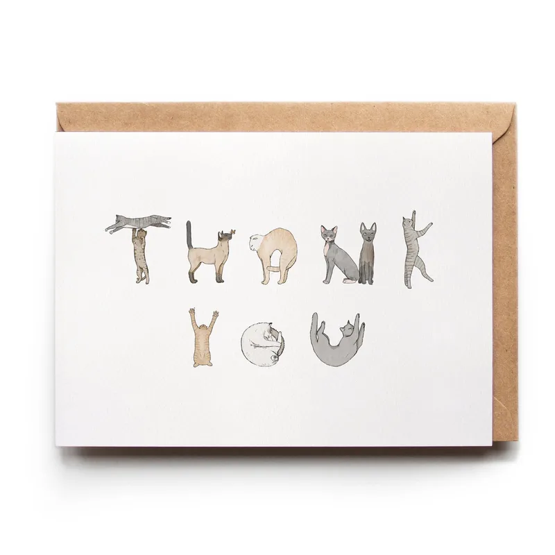 Cats Spelling Thank You Card: Watercolor Kitties in Play