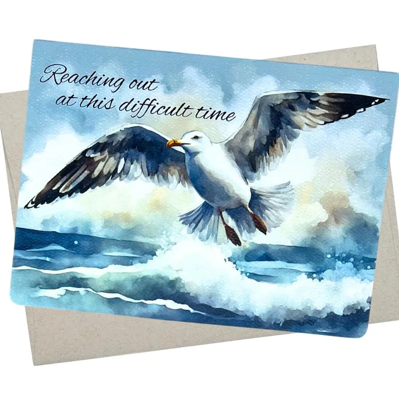 Sympathy Seagull Card with Watercolor Wings Over Waves
