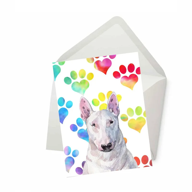 Bull Terrier Card with Watercolor Paw Prints