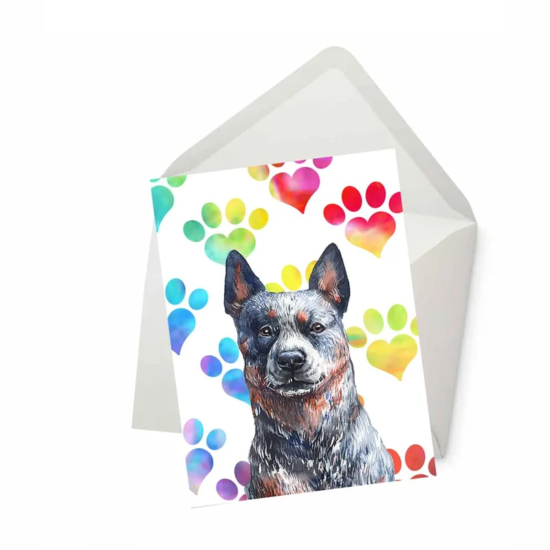 Australian Cattle Dog Card with Watercolor Paw Prints