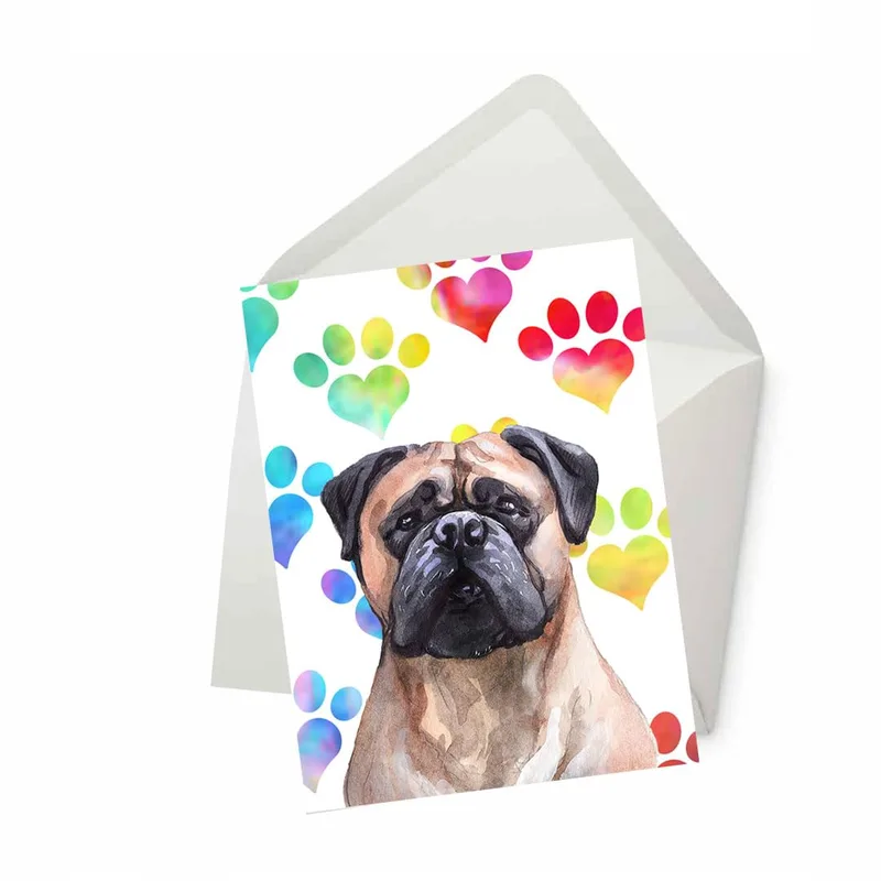 Bullmastiff Dog Card With Watercolor Paw Prints