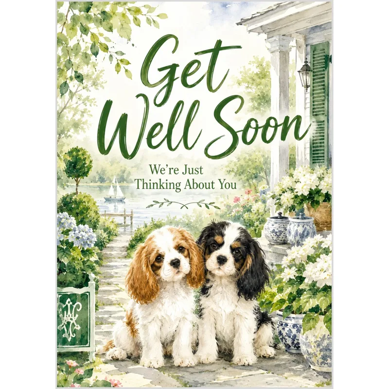 Cavalier Spaniel Puppies Get Well Card for a Speedy Recovery