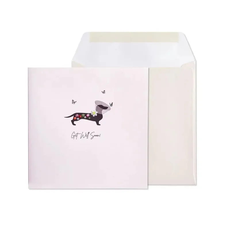 Sweet Dog Recovery Card – Dachshund with flowers and Get Well Soon! printed text – Greeting Card in black