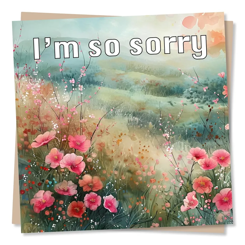 Wildflower Meadow Sympathy Card – Pink watercolor wildflower meadow with the words I’m so sorry – Greeting Card in black