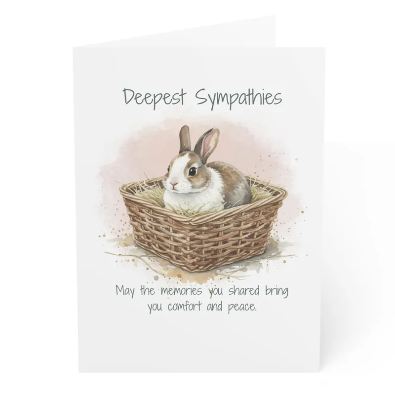 Pet Loss Bunny Card – Watercolor bunny in basket, Deepest Sympathies card – Greeting Card in black