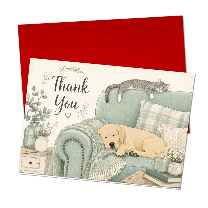Sleeping Dog Thank You Card – Thank You card with sleeping puppy and cat on sofa – Greeting Card in black