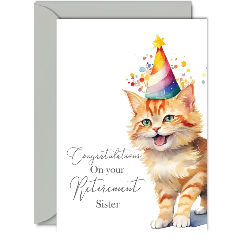 Sister Retirement Card for a Party Cat Kitten