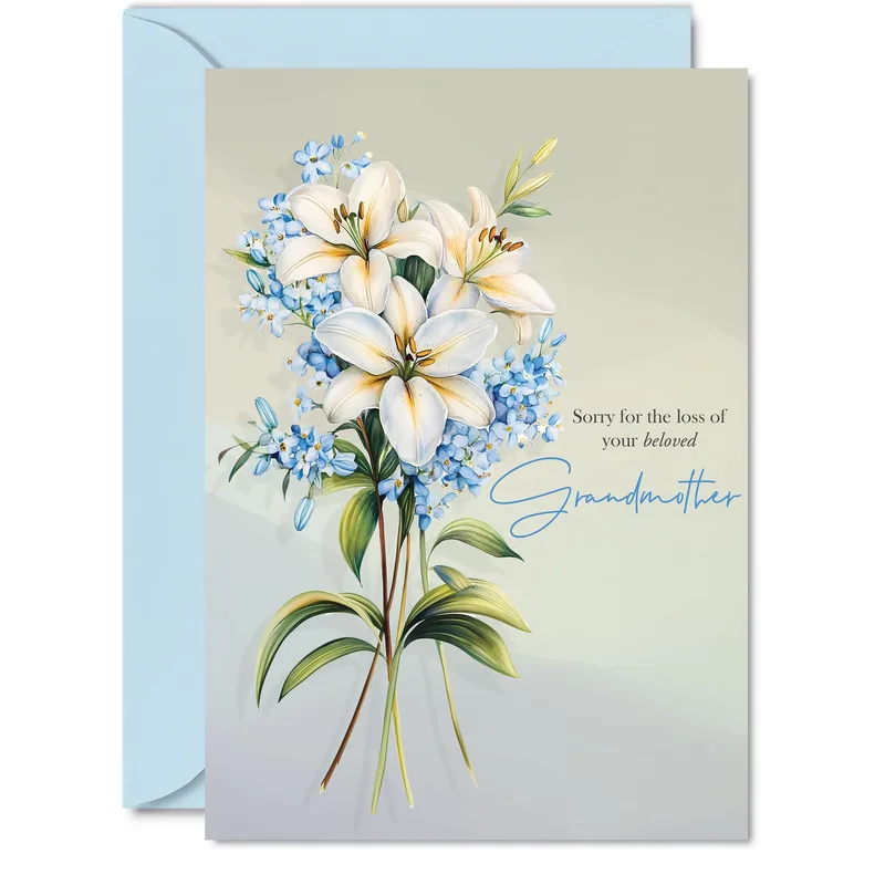 Condolences Grandmother Card with White Lilies and Blue Flowers