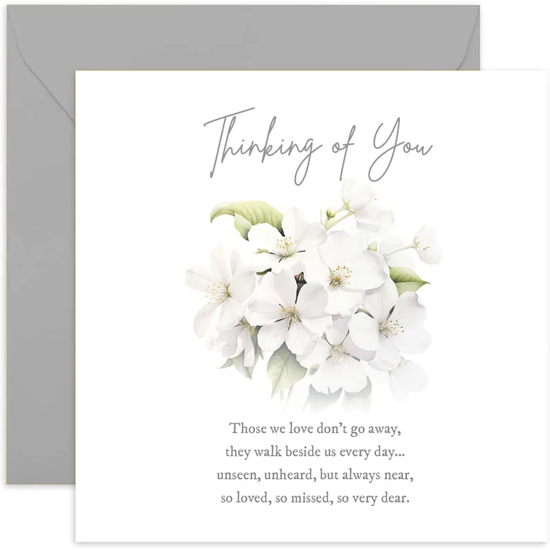 Sympathy Blossom Card – White flower bouquet with Thinking of You and sympathy verse – Greeting Card in natural