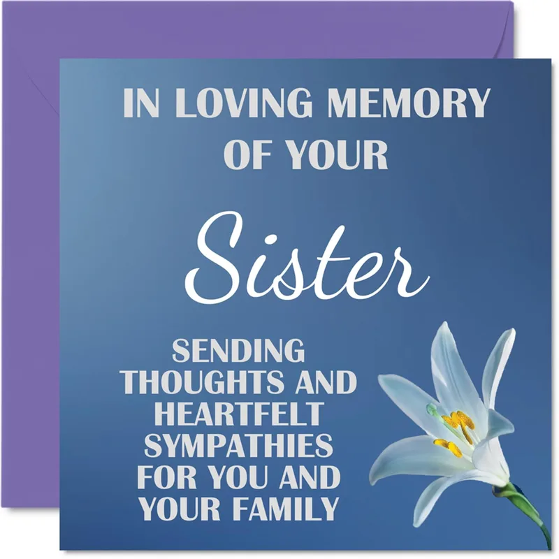 In Memory of Sister Card with Blue Gradient and White Lily