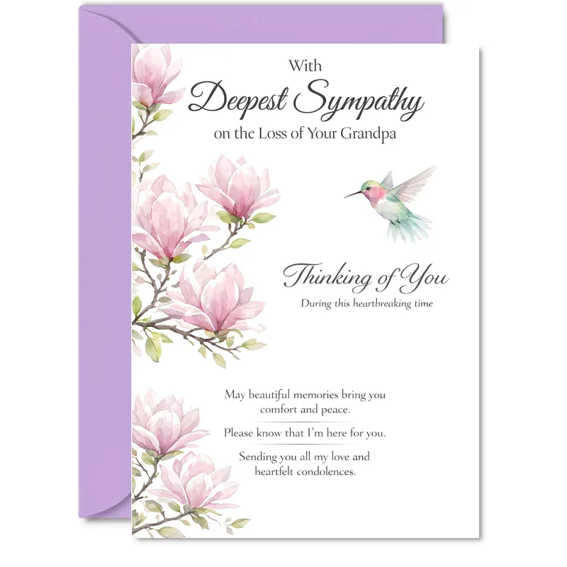 Sympathy Loss of Grandpa Card with Pink Watercolor Magnolias