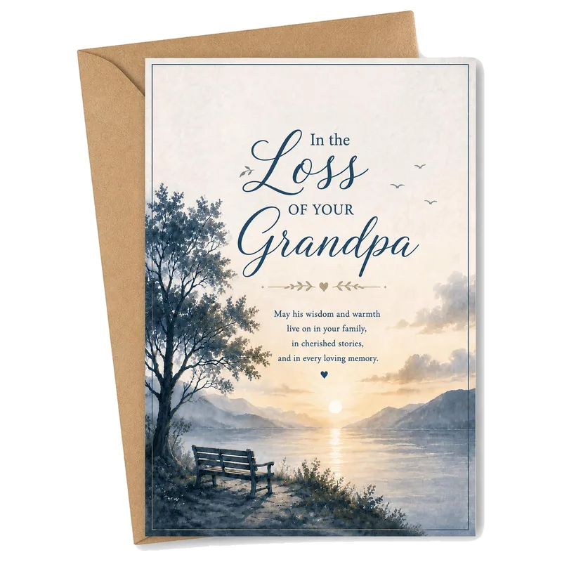 Loss of Grandpa Card with Watercolor Lakeside Bench and Sunset