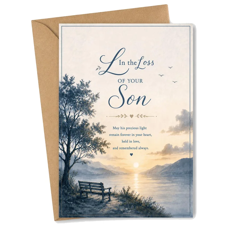 Sympathy for Losing Son Card with Lakeside Bench and Sunset