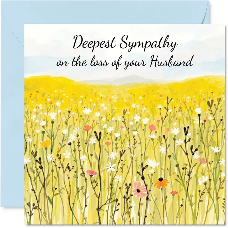 Condolences Widow Card – Yellow wildflower meadow with sympathy text for husband loss – Greeting Card in natural