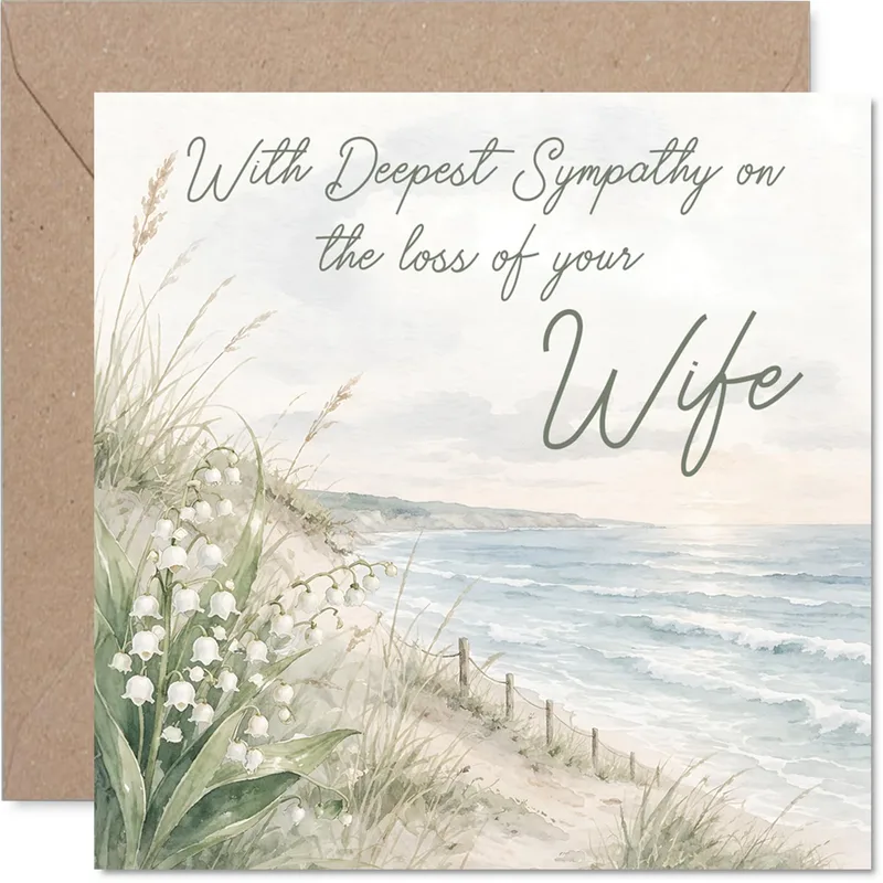 Condolence Wife Passing Card – Watercolor seaside lily of the valley with sympathy text for wife – Greeting Card in natural