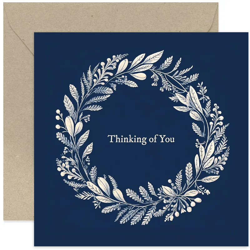 Navy White Floral Wreath Card for Sending Comfort and Kindness