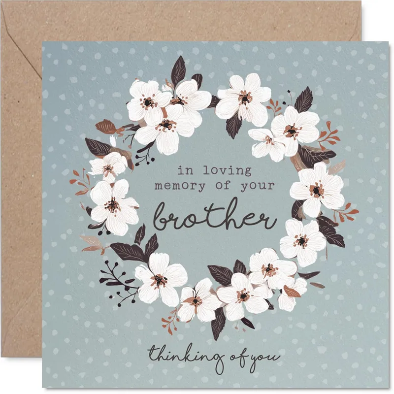 Loving Memory Card – White blossom wreath card reading in loving memory of your brother – Greeting Card in natural