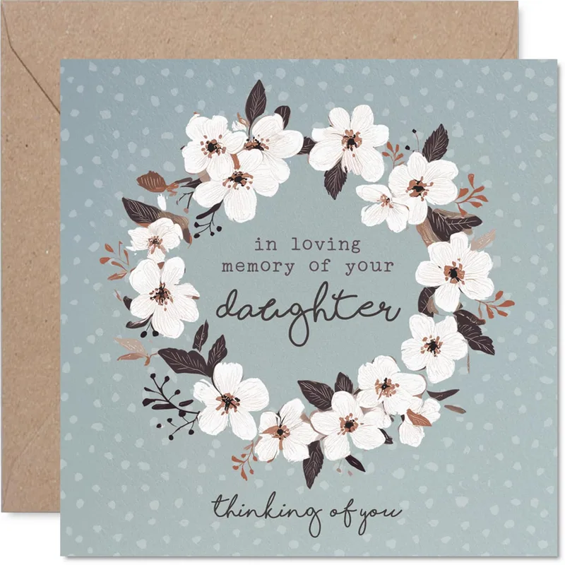 Memory of Daughter Card: White Floral Wreath Sympathy Note