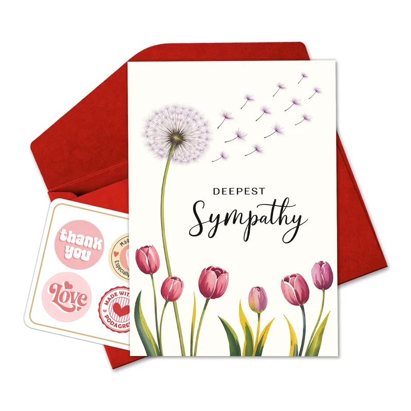 Pink Tulip Sympathy Card with Dandelion and Deeper Comfort
