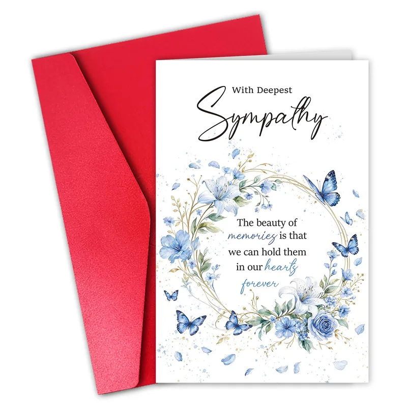 Blue Floral Wreath Butterflies Card for Sentimental Sympathy