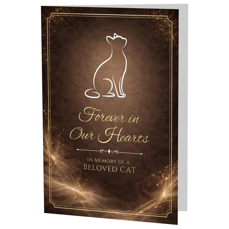 Gold Cat Silhouette Card – White cat outline on brown background with text Forever in Our Hearts – Greeting Card in natural