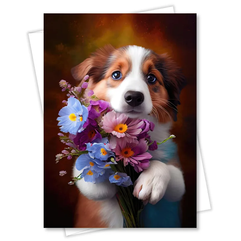 Realistic Australian Shepherd Friendship Card Holding Flowers