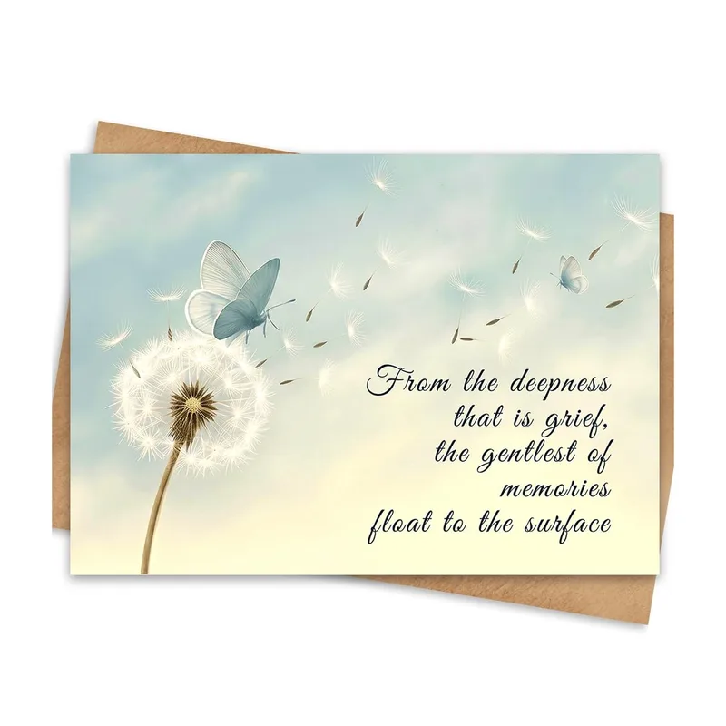 Blue Butterflies Soft Sympathy Card Dandelion and Grief Quote Design