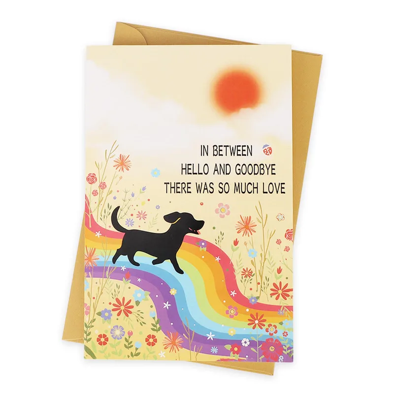 Silhouette Rainbow Path Pet Sympathy Card Celebrating a Lost Dog