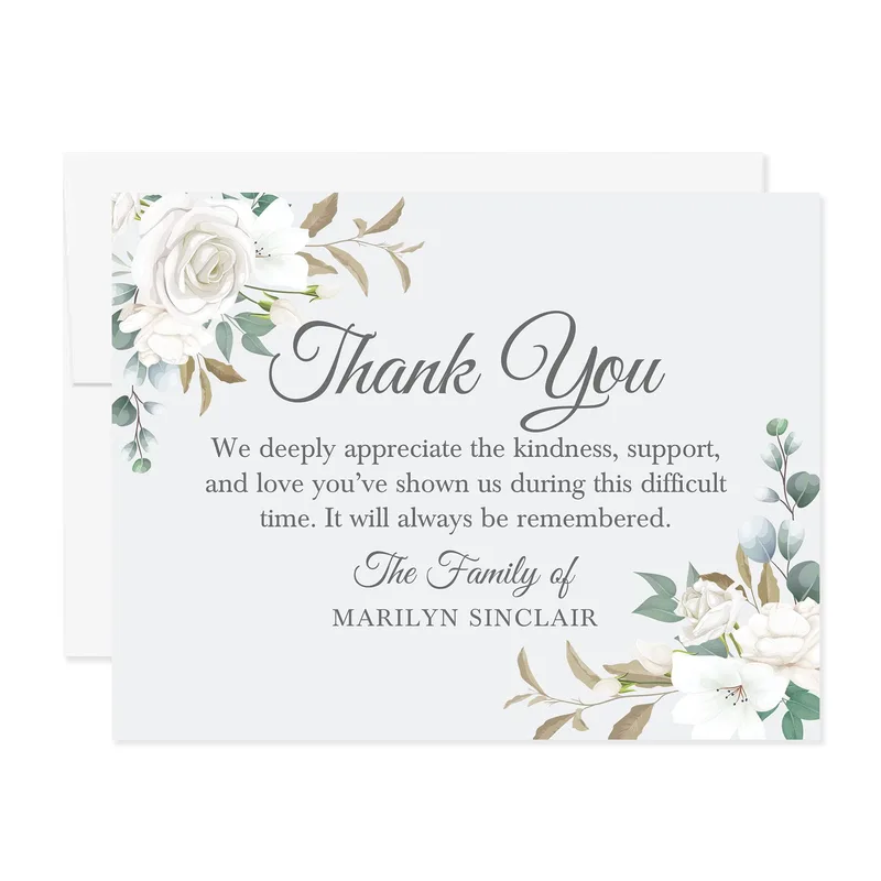 Floral Thank You Sympathy Card Expressing Gratitude with White Roses
