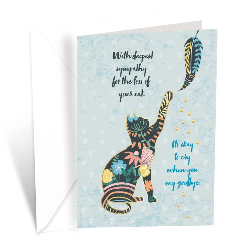 Cat Silhouette Feather Pet Sympathy Card for Losing a Feline Friend