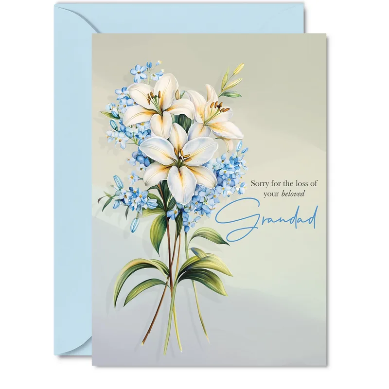 Lilies Blue Envelope Sympathy Card for a Beloved Grandad