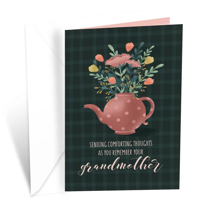 Teapot Flower Bouquet Sympathy Card for Grandmother Remembrance
